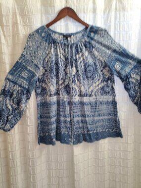 Lucky Brand Blue and White Printed Peasant Blouse